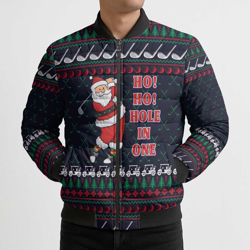 Santa Hole in One Christmas Bomber Puffer Jacket with Golf Clubs and Festive Pattern - Wonder Print Shop