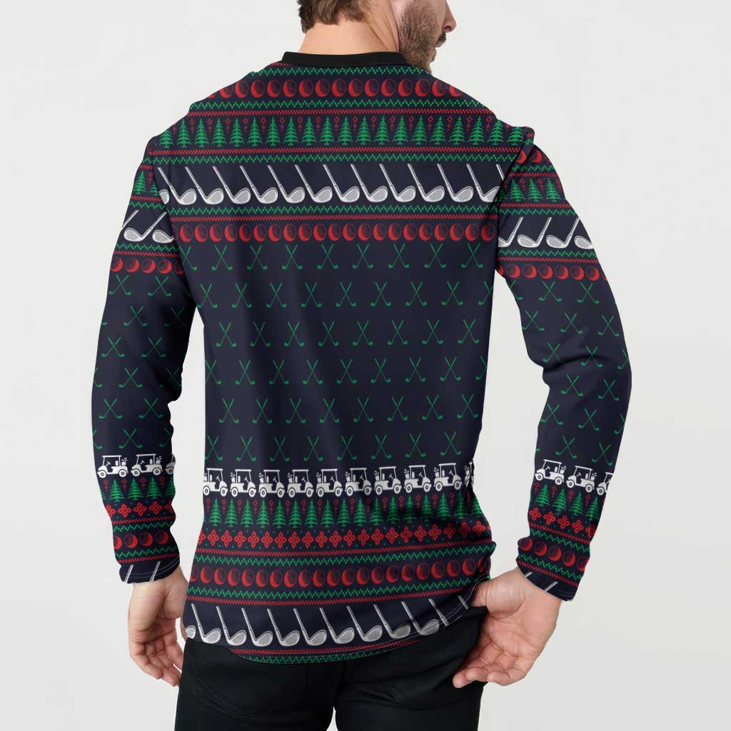 Santa Hole in One Christmas Button Sweatshirt with Golf Clubs and Festive Pattern - Wonder Print Shop