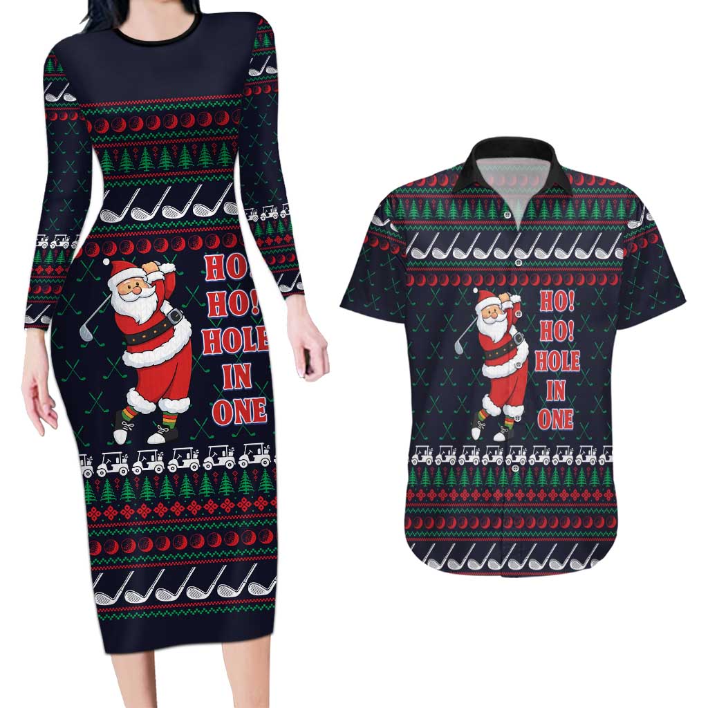 Santa Hole in One Christmas Couples Matching Long Sleeve Bodycon Dress and Hawaiian Shirt with Golf Clubs and Festive Pattern - Wonder Print Shop