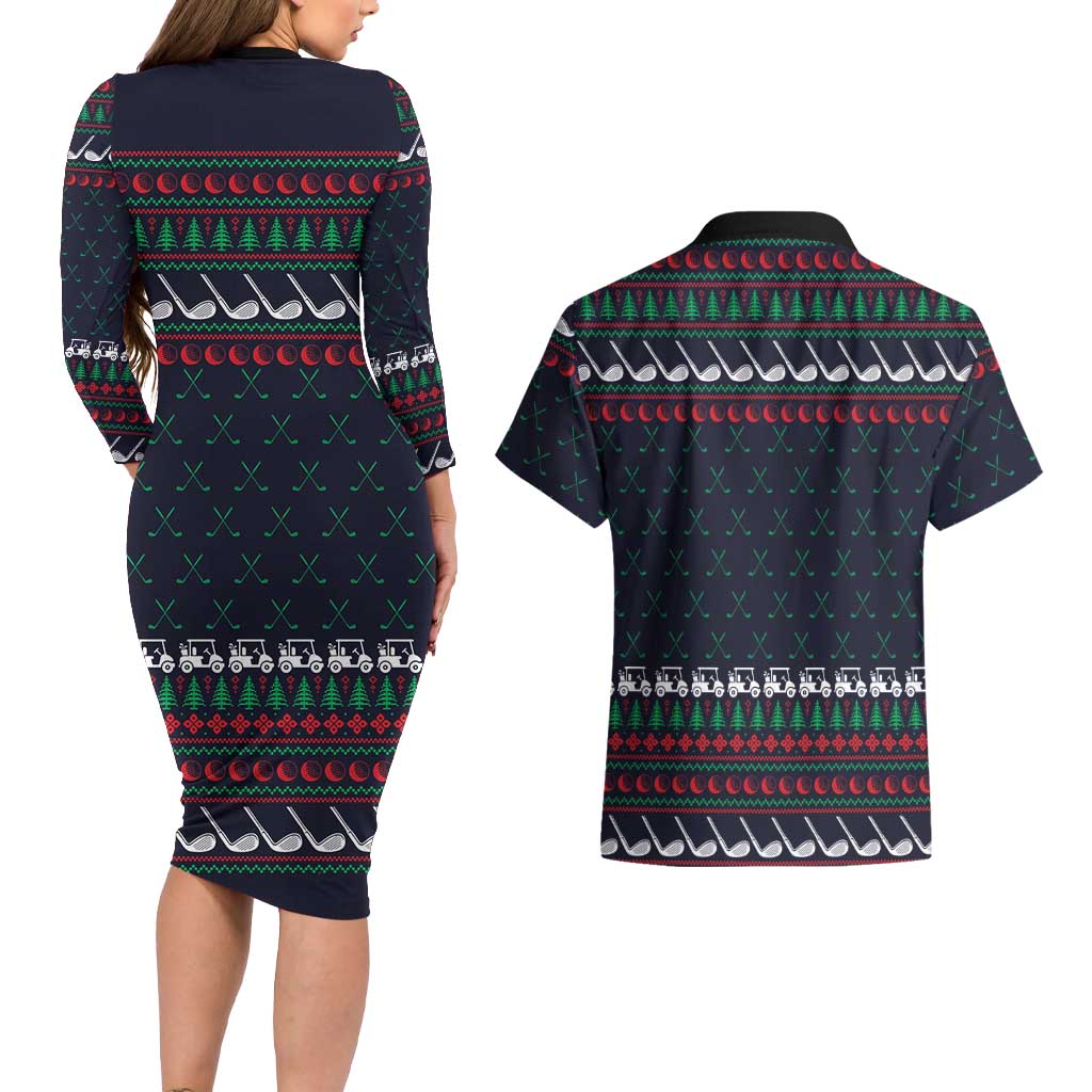 Santa Hole in One Christmas Couples Matching Long Sleeve Bodycon Dress and Hawaiian Shirt with Golf Clubs and Festive Pattern - Wonder Print Shop