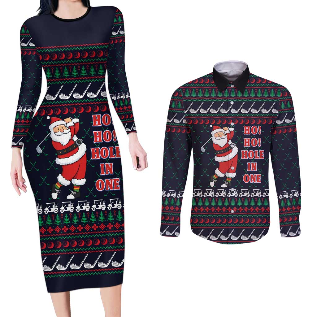 Santa Hole in One Christmas Couples Matching Long Sleeve Bodycon Dress and Long Sleeve Button Shirt with Golf Clubs and Festive Pattern - Wonder Print Shop