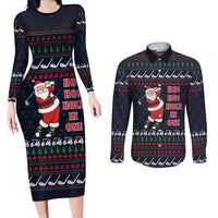 Santa Hole in One Christmas Couples Matching Long Sleeve Bodycon Dress and Long Sleeve Button Shirt with Golf Clubs and Festive Pattern - Wonder Print Shop