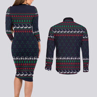 Santa Hole in One Christmas Couples Matching Long Sleeve Bodycon Dress and Long Sleeve Button Shirt with Golf Clubs and Festive Pattern - Wonder Print Shop