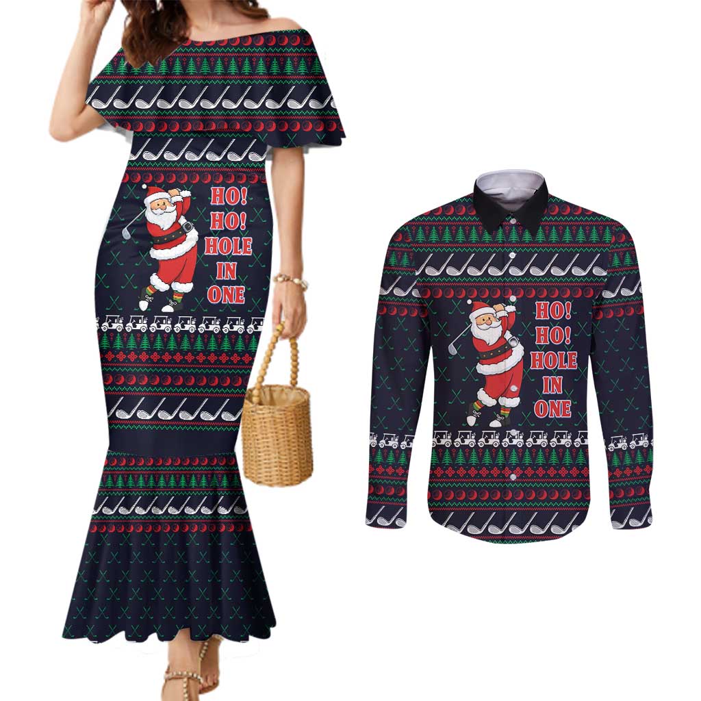 Santa Hole in One Christmas Couples Matching Mermaid Dress and Long Sleeve Button Shirt with Golf Clubs and Festive Pattern - Wonder Print Shop