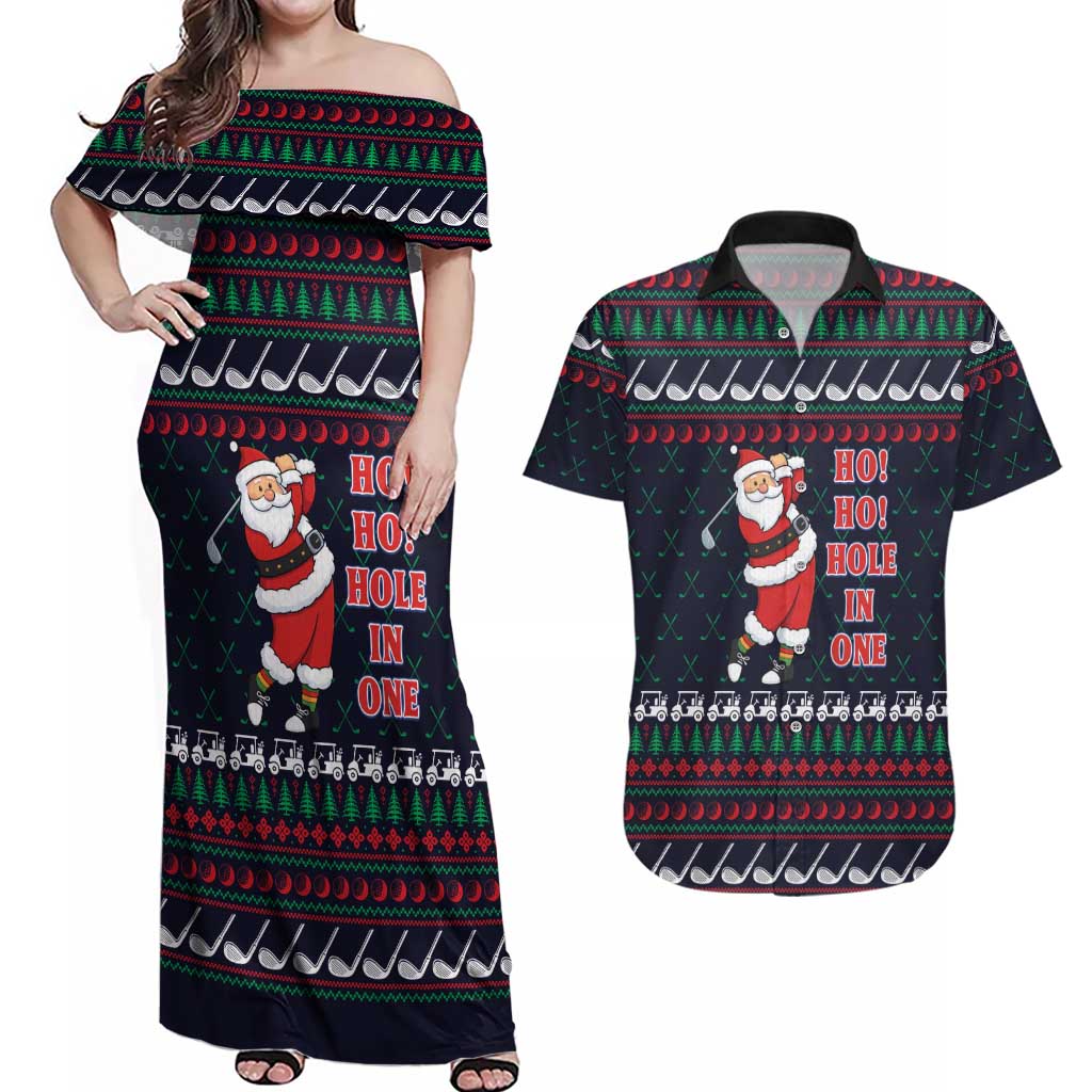 Santa Hole in One Christmas Couples Matching Off Shoulder Maxi Dress and Hawaiian Shirt with Golf Clubs and Festive Pattern - Wonder Print Shop