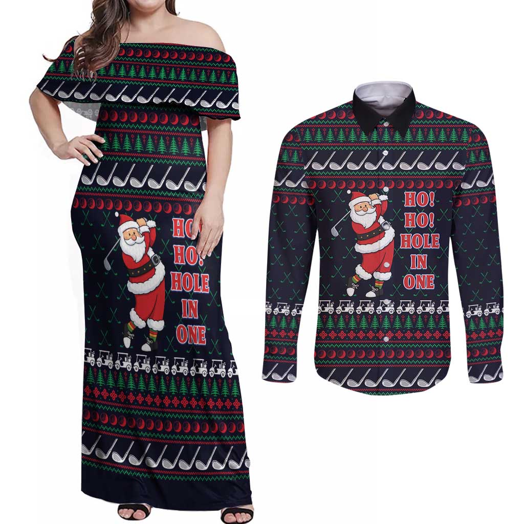 Santa Hole in One Christmas Couples Matching Off Shoulder Maxi Dress and Long Sleeve Button Shirt with Golf Clubs and Festive Pattern - Wonder Print Shop