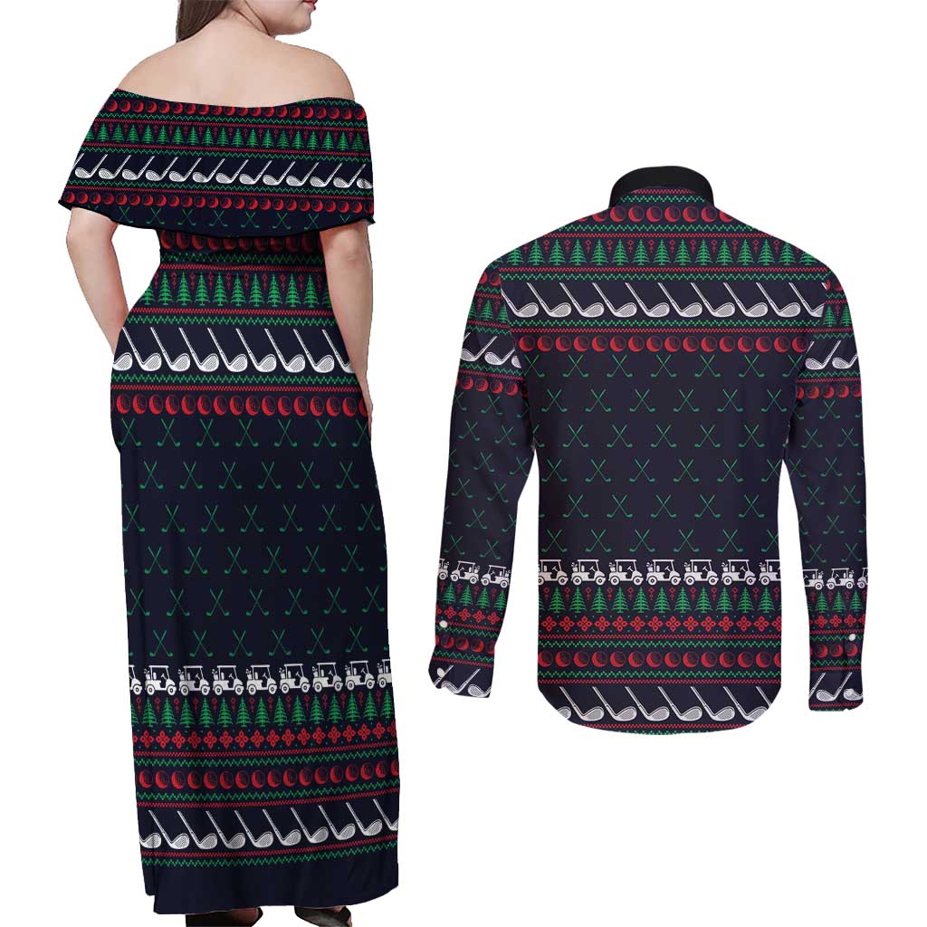 Santa Hole in One Christmas Couples Matching Off Shoulder Maxi Dress and Long Sleeve Button Shirt with Golf Clubs and Festive Pattern - Wonder Print Shop