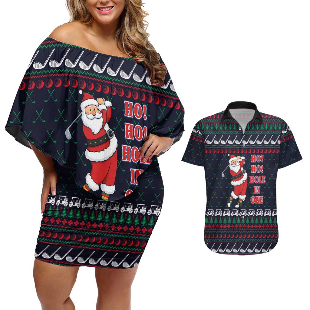 Santa Hole in One Christmas Couples Matching Off Shoulder Short Dress and Hawaiian Shirt with Golf Clubs and Festive Pattern - Wonder Print Shop