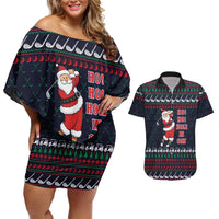 Santa Hole in One Christmas Couples Matching Off Shoulder Short Dress and Hawaiian Shirt with Golf Clubs and Festive Pattern - Wonder Print Shop