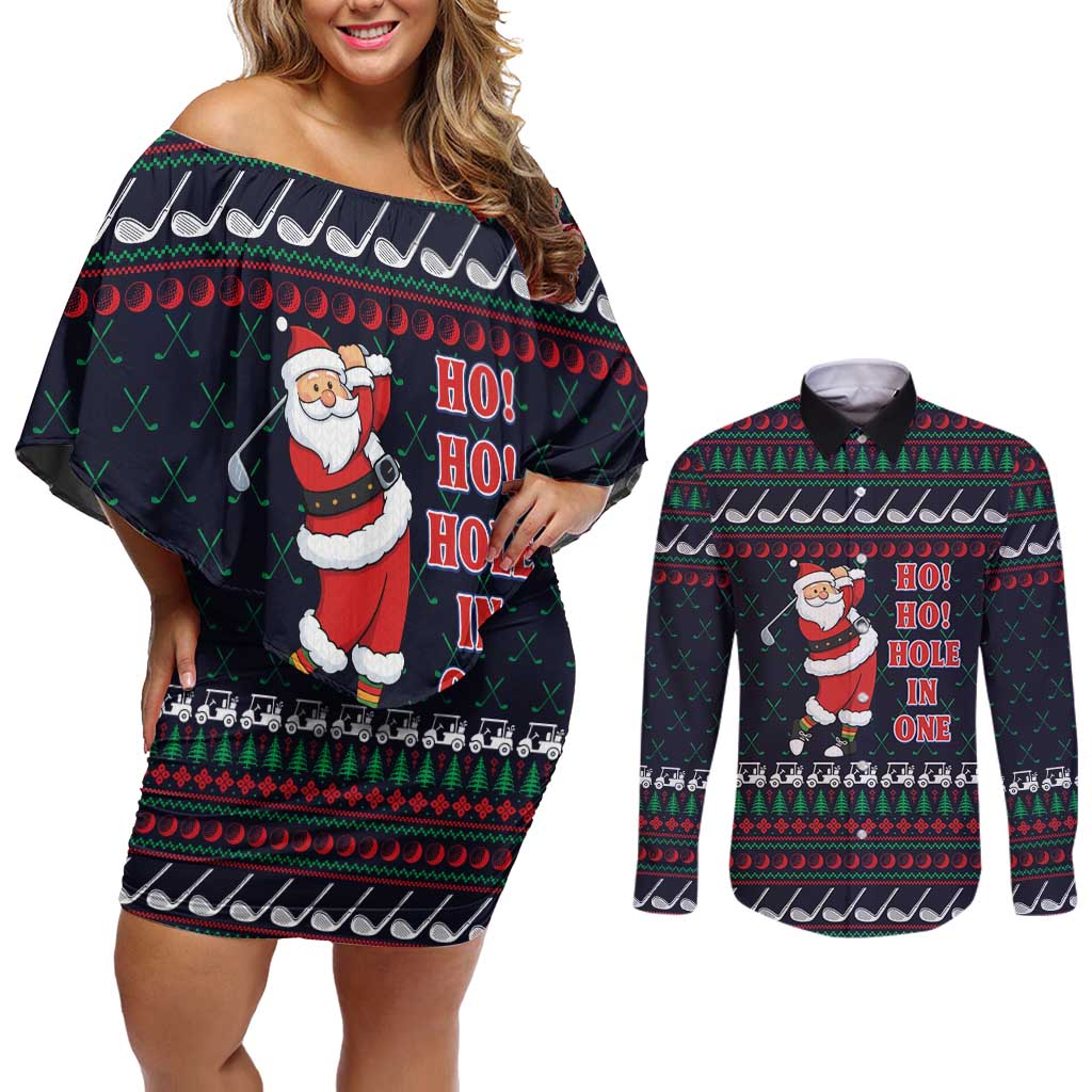 Santa Hole in One Christmas Couples Matching Off Shoulder Short Dress and Long Sleeve Button Shirt with Golf Clubs and Festive Pattern - Wonder Print Shop