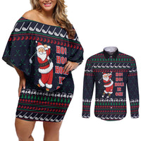 Santa Hole in One Christmas Couples Matching Off Shoulder Short Dress and Long Sleeve Button Shirt with Golf Clubs and Festive Pattern - Wonder Print Shop