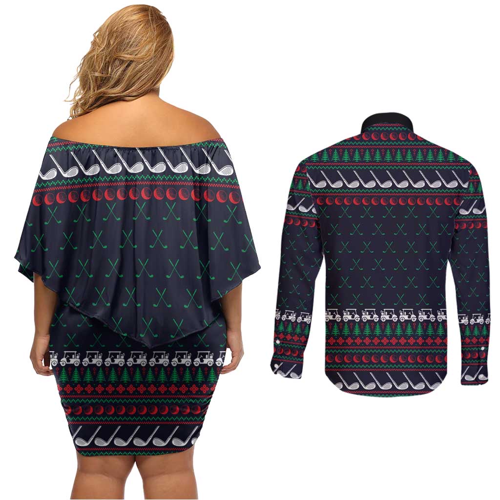 Santa Hole in One Christmas Couples Matching Off Shoulder Short Dress and Long Sleeve Button Shirt with Golf Clubs and Festive Pattern - Wonder Print Shop