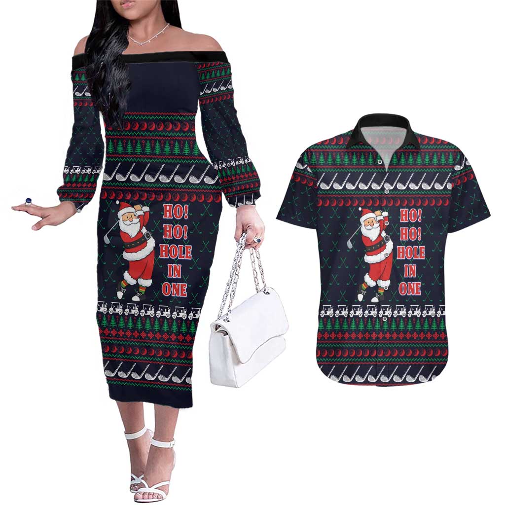 Santa Hole in One Christmas Couples Matching Off The Shoulder Long Sleeve Dress and Hawaiian Shirt with Golf Clubs and Festive Pattern - Wonder Print Shop