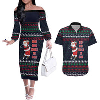 Santa Hole in One Christmas Couples Matching Off The Shoulder Long Sleeve Dress and Hawaiian Shirt with Golf Clubs and Festive Pattern - Wonder Print Shop
