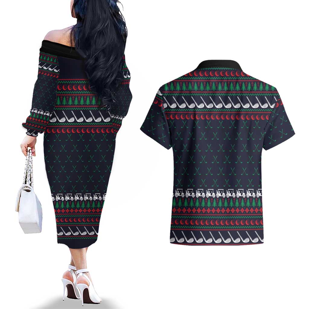 Santa Hole in One Christmas Couples Matching Off The Shoulder Long Sleeve Dress and Hawaiian Shirt with Golf Clubs and Festive Pattern - Wonder Print Shop