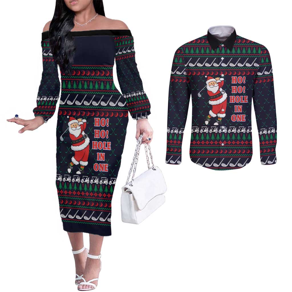 Santa Hole in One Christmas Couples Matching Off The Shoulder Long Sleeve Dress and Long Sleeve Button Shirt with Golf Clubs and Festive Pattern - Wonder Print Shop