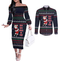 Santa Hole in One Christmas Couples Matching Off The Shoulder Long Sleeve Dress and Long Sleeve Button Shirt with Golf Clubs and Festive Pattern - Wonder Print Shop