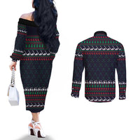 Santa Hole in One Christmas Couples Matching Off The Shoulder Long Sleeve Dress and Long Sleeve Button Shirt with Golf Clubs and Festive Pattern - Wonder Print Shop
