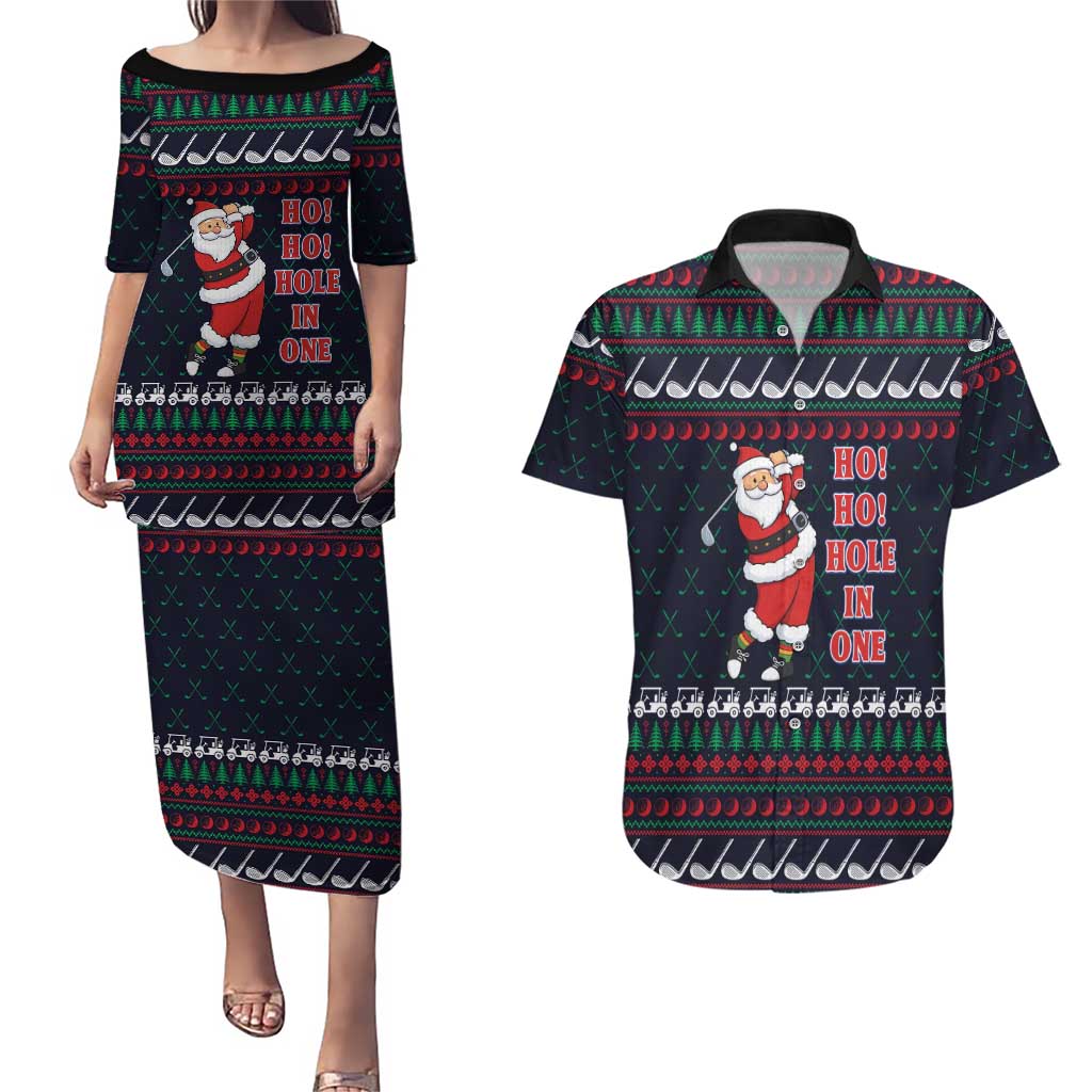 Santa Hole in One Christmas Couples Matching Puletasi and Hawaiian Shirt with Golf Clubs and Festive Pattern - Wonder Print Shop