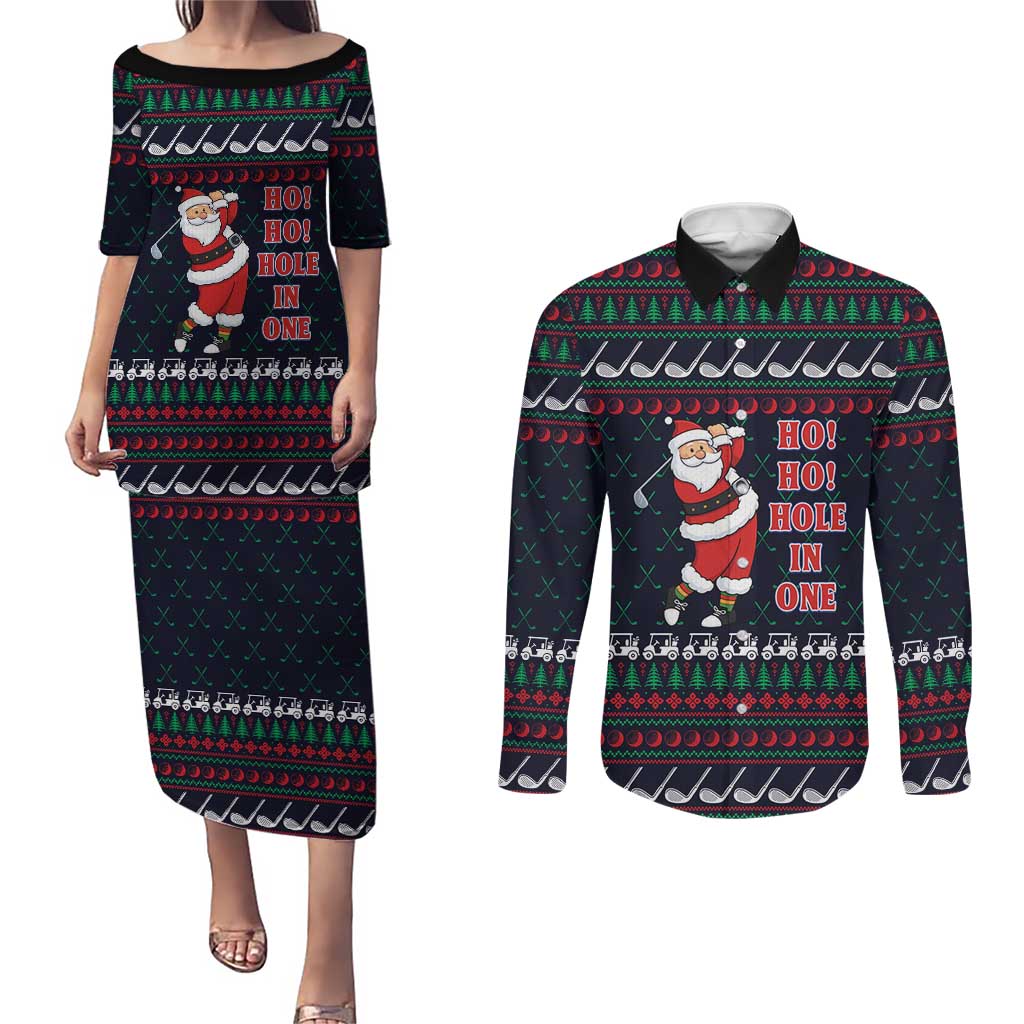 Santa Hole in One Christmas Couples Matching Puletasi and Long Sleeve Button Shirt with Golf Clubs and Festive Pattern - Wonder Print Shop