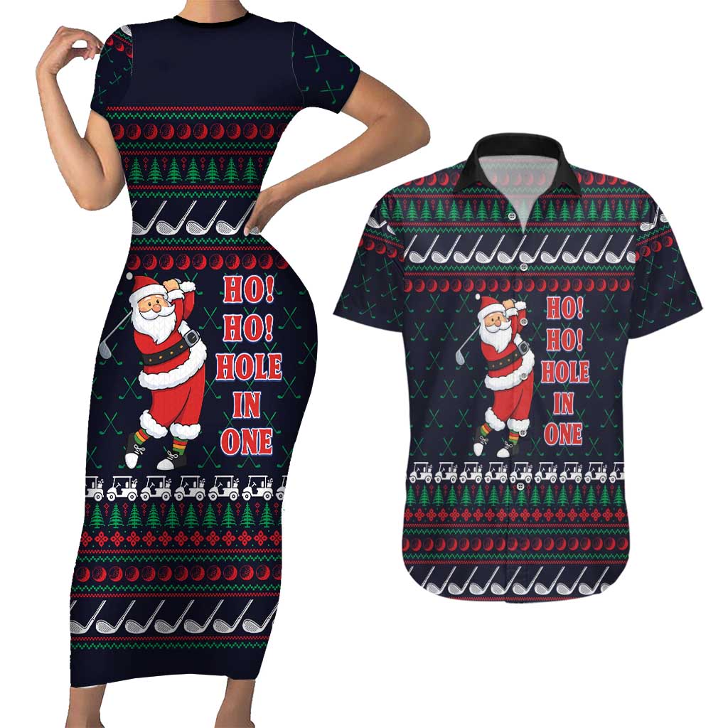 Santa Hole in One Christmas Couples Matching Short Sleeve Bodycon Dress and Hawaiian Shirt with Golf Clubs and Festive Pattern - Wonder Print Shop
