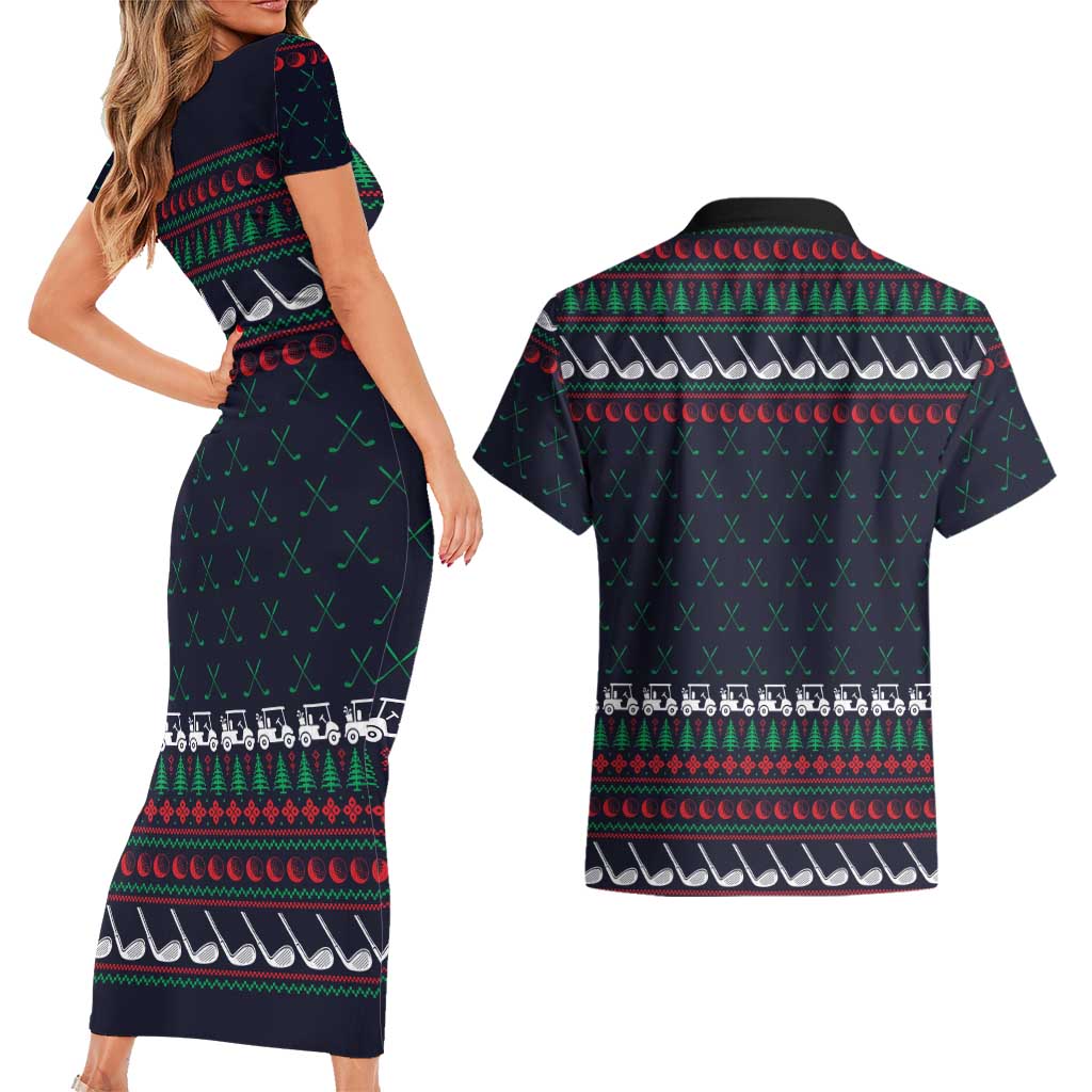 Santa Hole in One Christmas Couples Matching Short Sleeve Bodycon Dress and Hawaiian Shirt with Golf Clubs and Festive Pattern - Wonder Print Shop