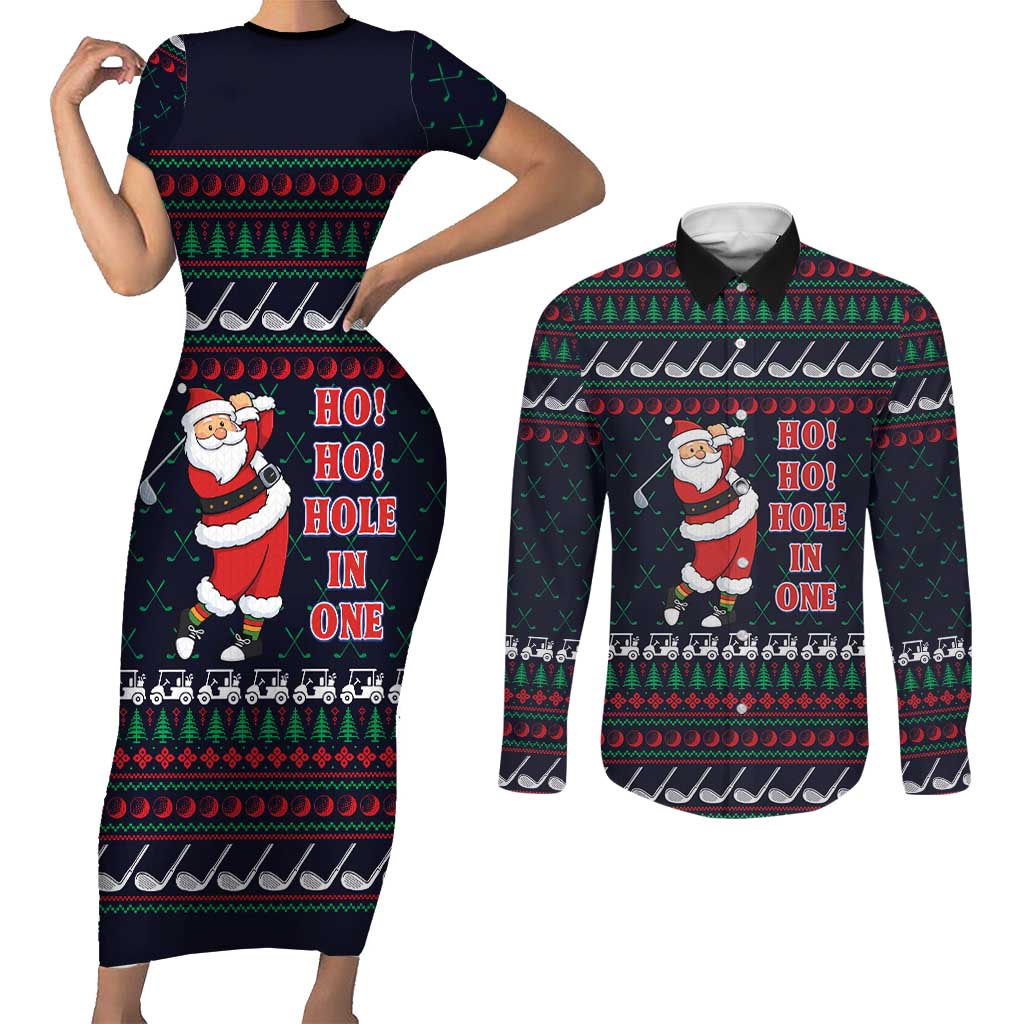 Santa Hole in One Christmas Couples Matching Short Sleeve Bodycon Dress and Long Sleeve Button Shirt with Golf Clubs and Festive Pattern - Wonder Print Shop
