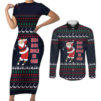 Santa Hole in One Christmas Couples Matching Short Sleeve Bodycon Dress and Long Sleeve Button Shirt with Golf Clubs and Festive Pattern - Wonder Print Shop