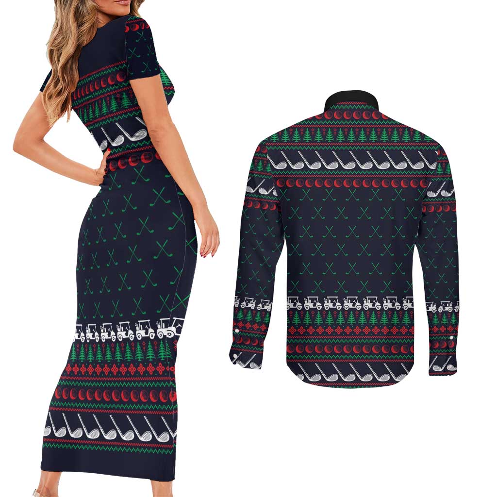 Santa Hole in One Christmas Couples Matching Short Sleeve Bodycon Dress and Long Sleeve Button Shirt with Golf Clubs and Festive Pattern - Wonder Print Shop