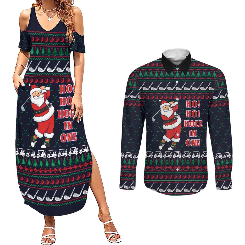 Santa Hole in One Christmas Couples Matching Summer Maxi Dress and Long Sleeve Button Shirt with Golf Clubs and Festive Pattern - Wonder Print Shop