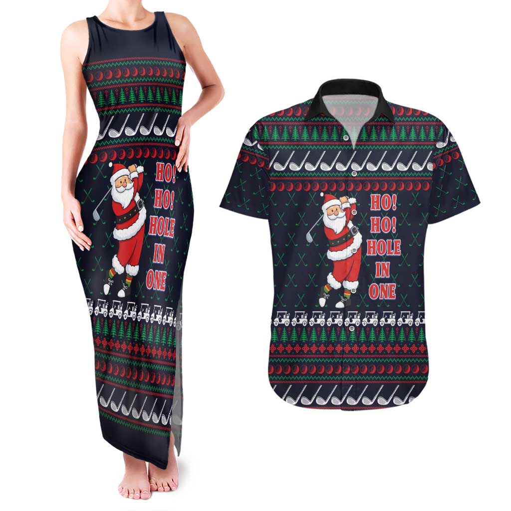 Santa Hole in One Christmas Couples Matching Tank Maxi Dress and Hawaiian Shirt with Golf Clubs and Festive Pattern - Wonder Print Shop