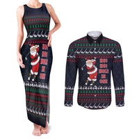 Santa Hole in One Christmas Couples Matching Tank Maxi Dress and Long Sleeve Button Shirt with Golf Clubs and Festive Pattern - Wonder Print Shop