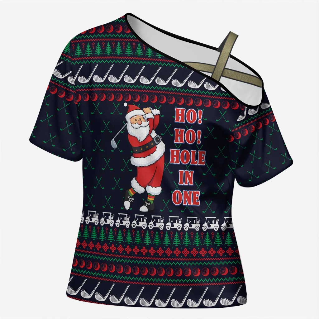 Santa Hole in One Christmas Cross Shoulder Shirt with Golf Clubs and Festive Pattern - Wonder Print Shop