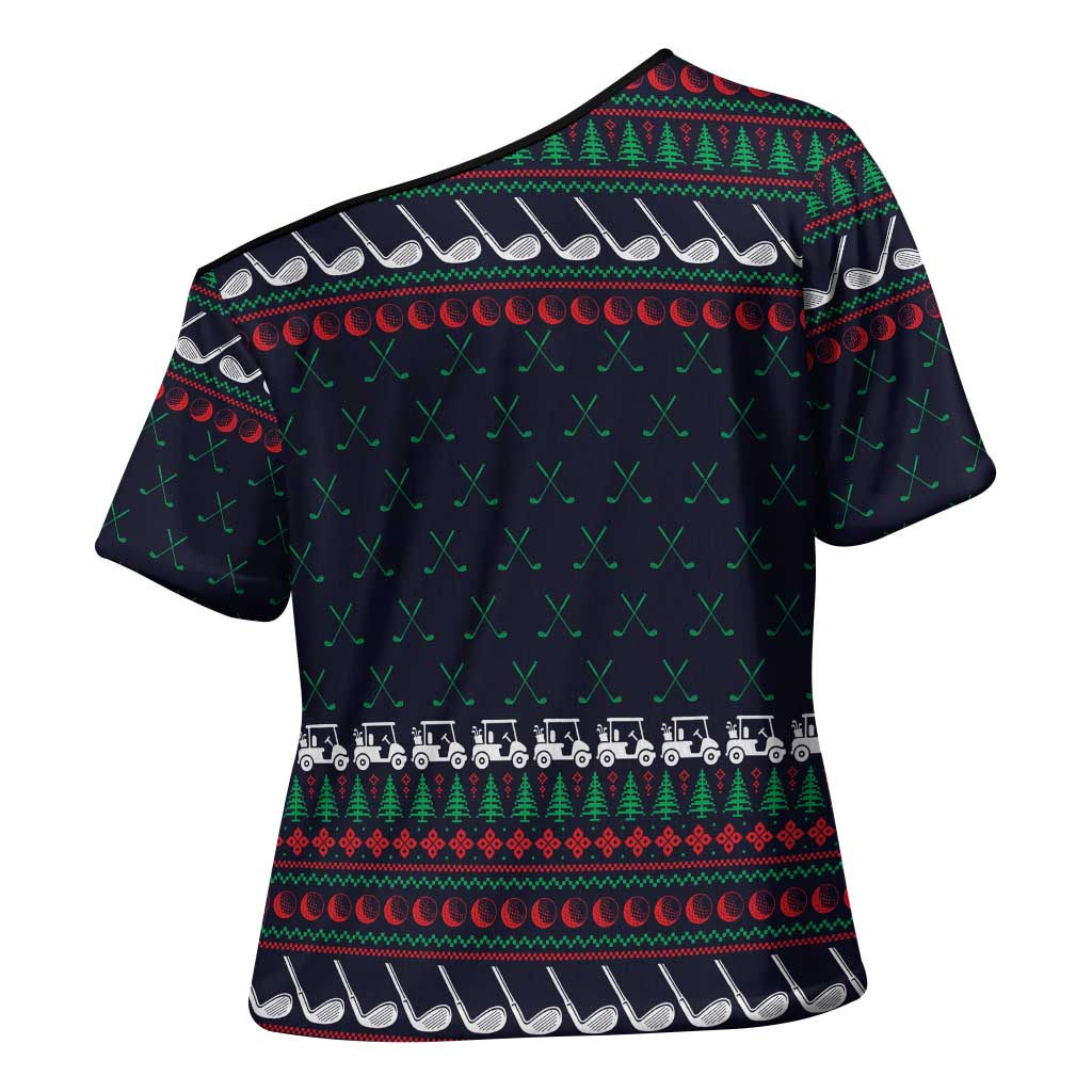 Santa Hole in One Christmas Cross Shoulder Shirt with Golf Clubs and Festive Pattern - Wonder Print Shop
