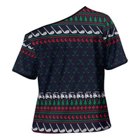 Santa Hole in One Christmas Cross Shoulder Shirt with Golf Clubs and Festive Pattern - Wonder Print Shop