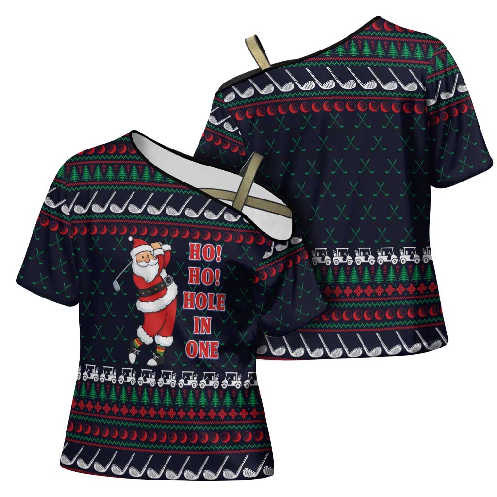 Santa Hole in One Christmas Cross Shoulder Shirt with Golf Clubs and Festive Pattern - Wonder Print Shop
