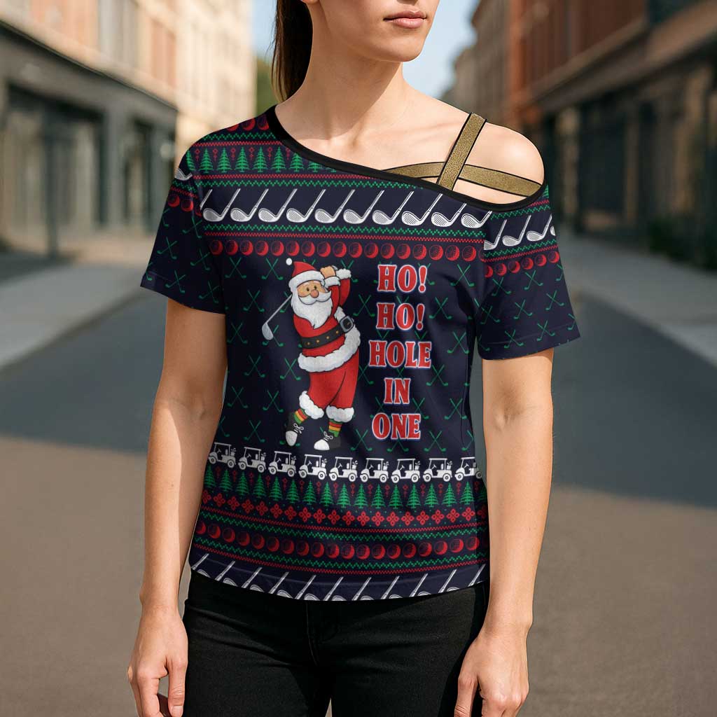 Santa Hole in One Christmas Cross Shoulder Shirt with Golf Clubs and Festive Pattern - Wonder Print Shop