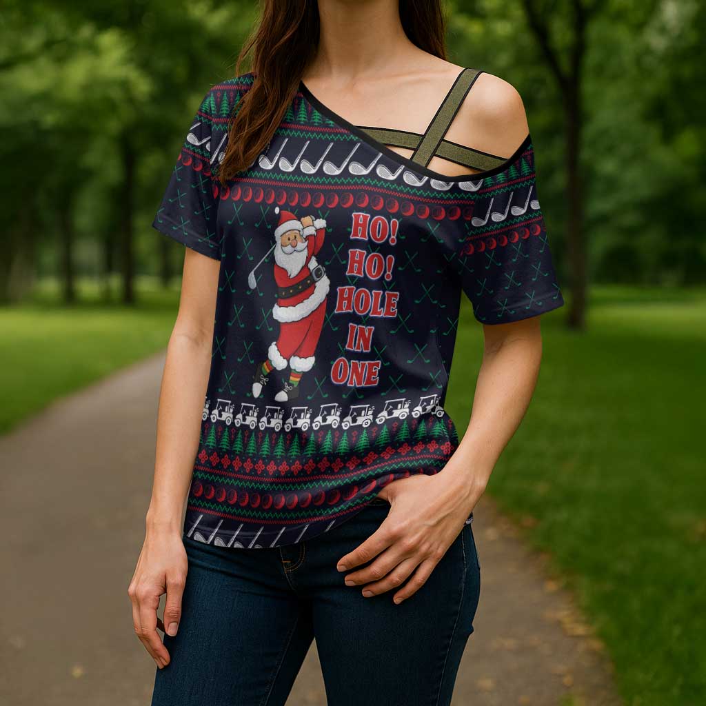 Santa Hole in One Christmas Cross Shoulder Shirt with Golf Clubs and Festive Pattern - Wonder Print Shop