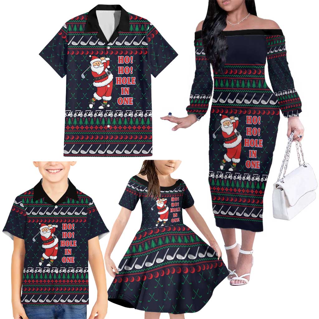 Santa Hole in One Christmas Family Matching Off The Shoulder Long Sleeve Dress and Hawaiian Shirt with Golf Clubs and Festive Pattern - Wonder Print Shop