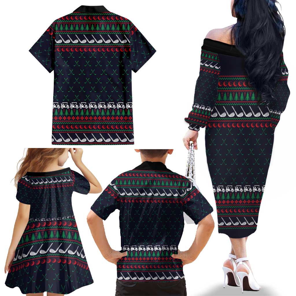 Santa Hole in One Christmas Family Matching Off The Shoulder Long Sleeve Dress and Hawaiian Shirt with Golf Clubs and Festive Pattern - Wonder Print Shop