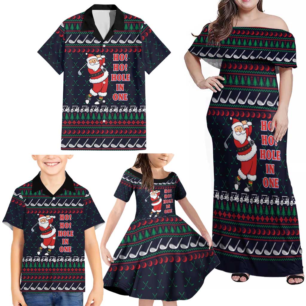 Santa Hole in One Christmas Family Matching Off Shoulder Maxi Dress and Hawaiian Shirt with Golf Clubs and Festive Pattern - Wonder Print Shop