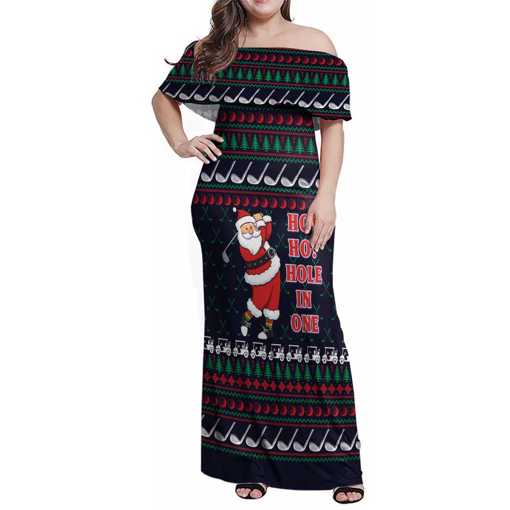 Santa Hole in One Christmas Family Matching Off Shoulder Maxi Dress and Hawaiian Shirt with Golf Clubs and Festive Pattern - Wonder Print Shop