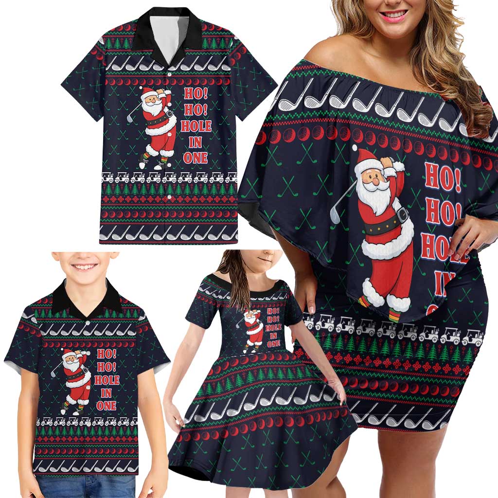 Santa Hole in One Christmas Family Matching Off Shoulder Short Dress and Hawaiian Shirt with Golf Clubs and Festive Pattern - Wonder Print Shop