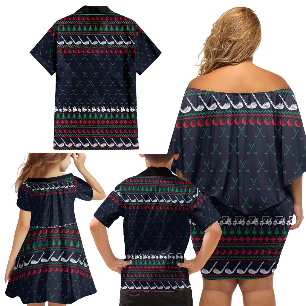 Santa Hole in One Christmas Family Matching Off Shoulder Short Dress and Hawaiian Shirt with Golf Clubs and Festive Pattern - Wonder Print Shop