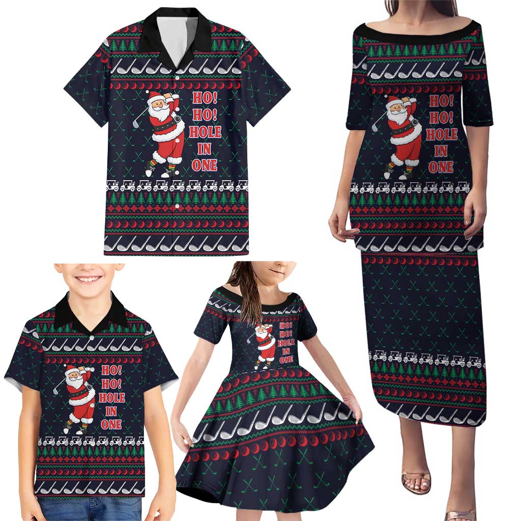 Santa Hole in One Christmas Family Matching Puletasi and Hawaiian Shirt with Golf Clubs and Festive Pattern - Wonder Print Shop