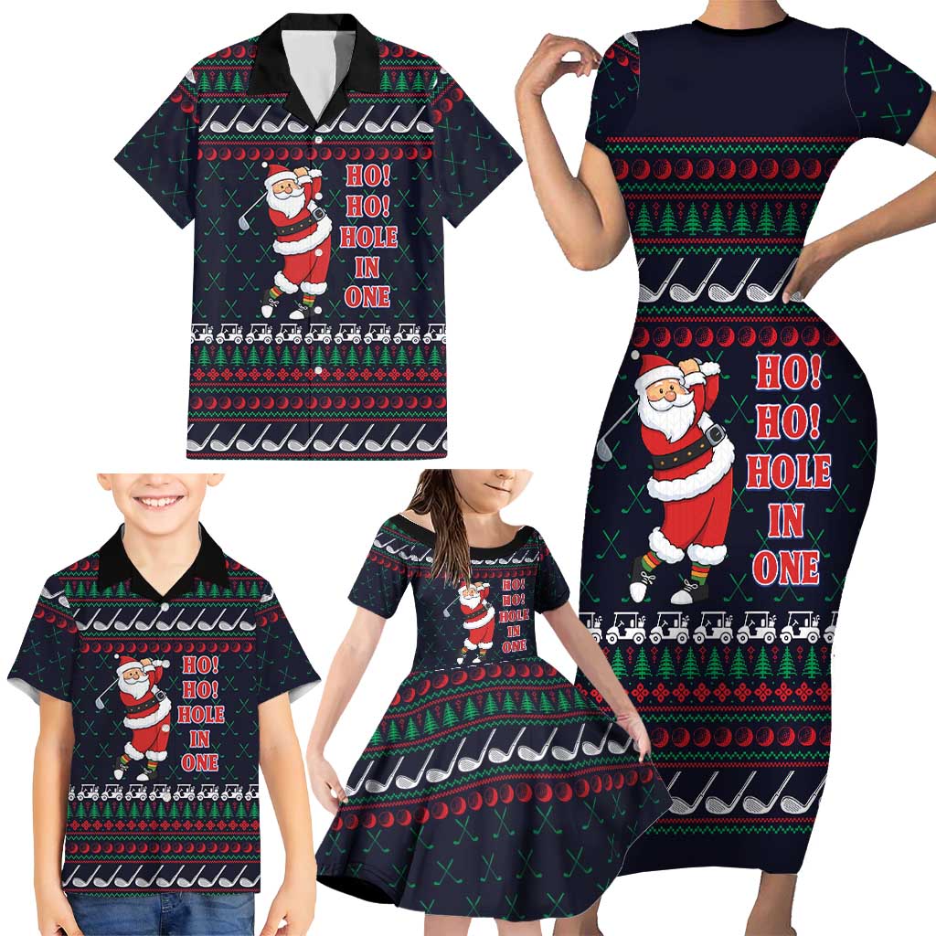 Santa Hole in One Christmas Family Matching Short Sleeve Bodycon Dress and Hawaiian Shirt with Golf Clubs and Festive Pattern - Wonder Print Shop