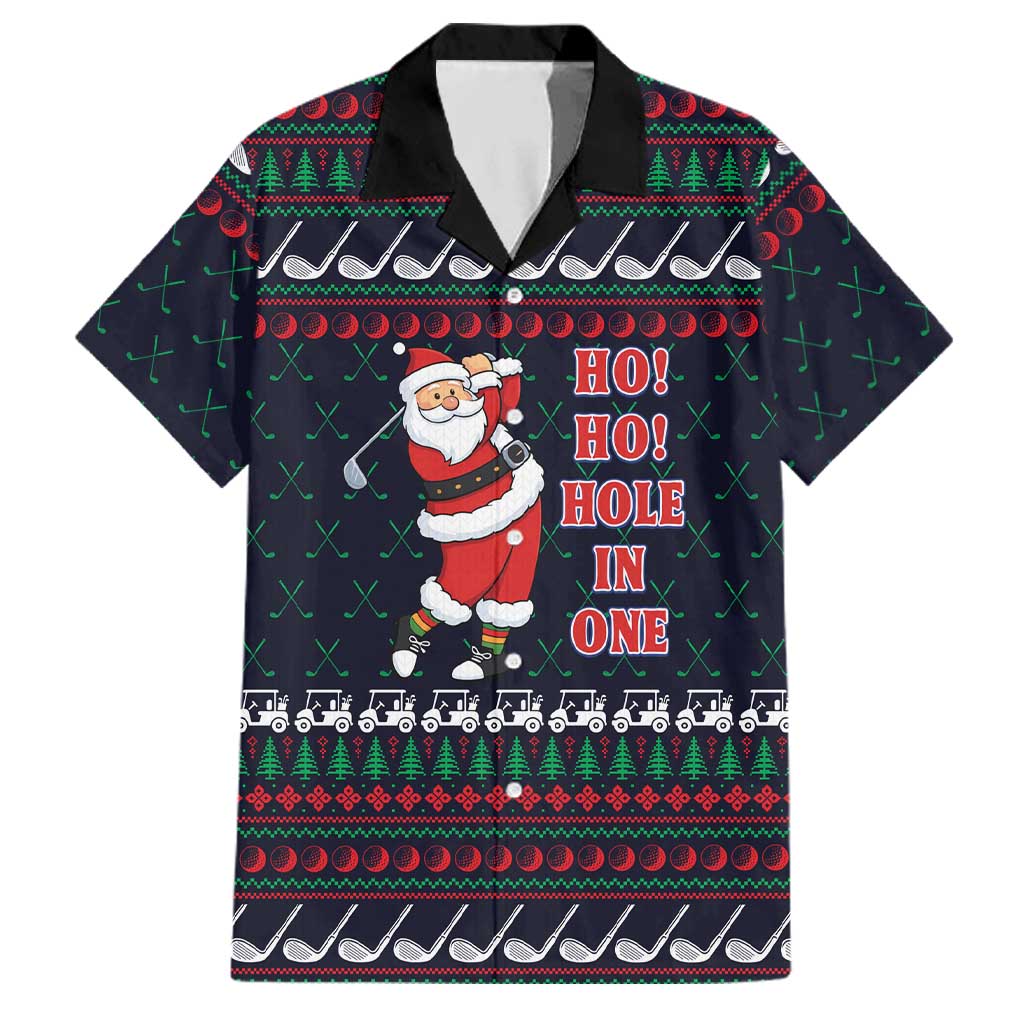 Santa Hole in One Christmas Family Matching Short Sleeve Bodycon Dress and Hawaiian Shirt with Golf Clubs and Festive Pattern - Wonder Print Shop