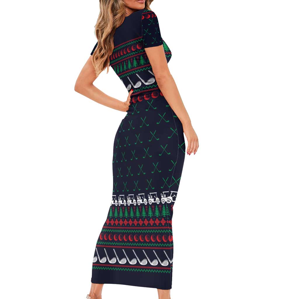 Santa Hole in One Christmas Family Matching Short Sleeve Bodycon Dress and Hawaiian Shirt with Golf Clubs and Festive Pattern - Wonder Print Shop