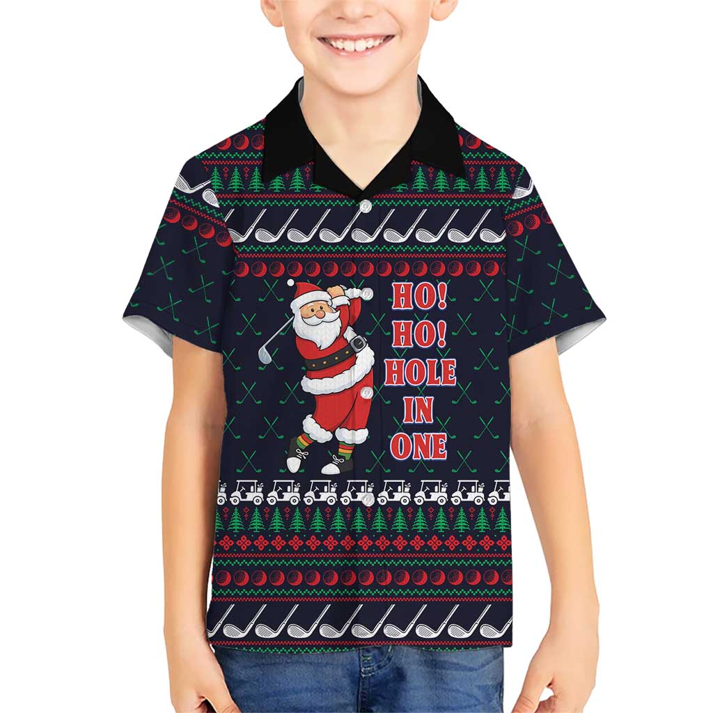 Santa Hole in One Christmas Family Matching Short Sleeve Bodycon Dress and Hawaiian Shirt with Golf Clubs and Festive Pattern - Wonder Print Shop