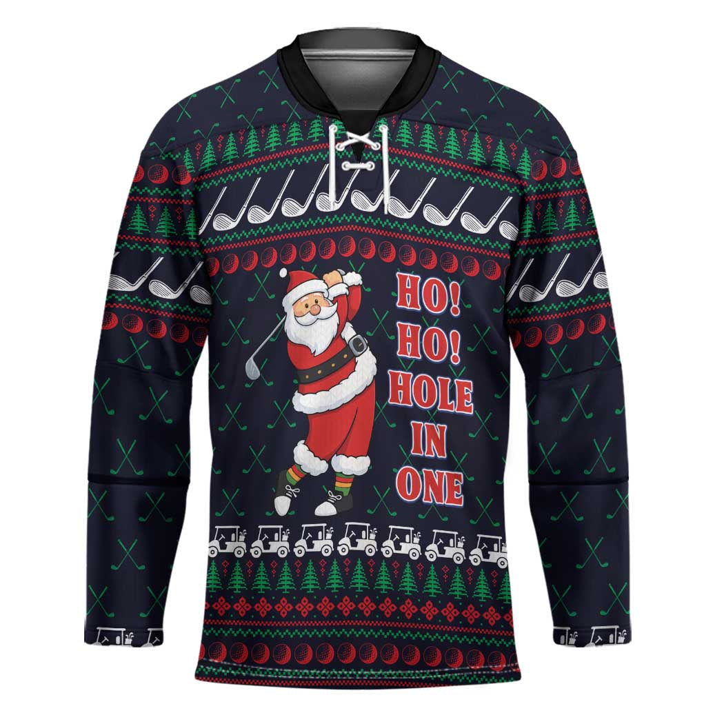 Santa Hole in One Christmas Hockey Jersey with Golf Clubs and Festive Pattern - Wonder Print Shop
